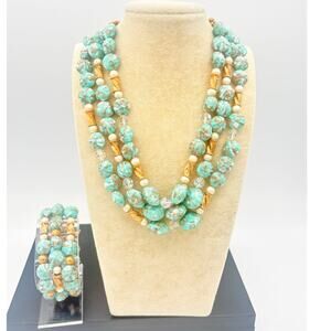 Signed Kramer Mid-Century Turquoise Color Beaded Necklace and Bracelet Set